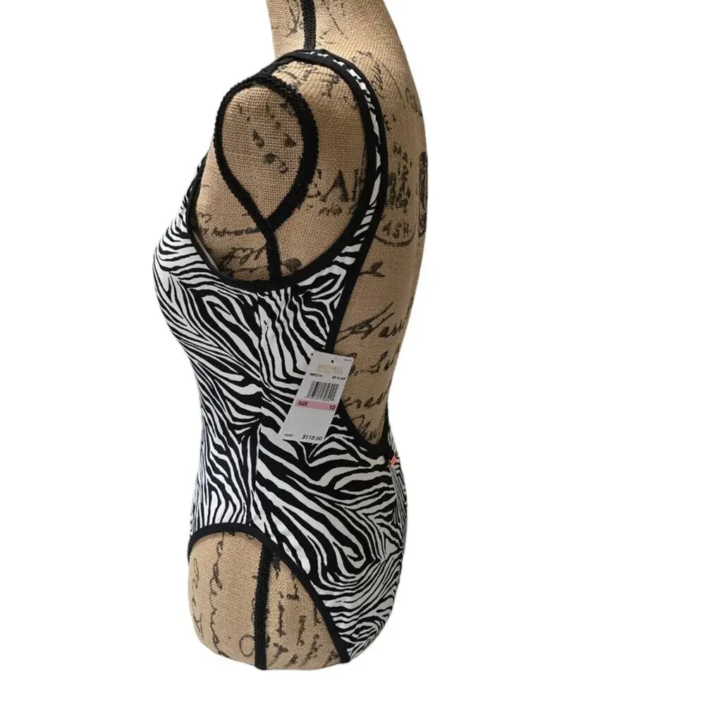 Michael Kors Womens Zebra Print High‎ Cut Scoop Back One Piece Swimsuit Size 10 - Picture 5 of 11